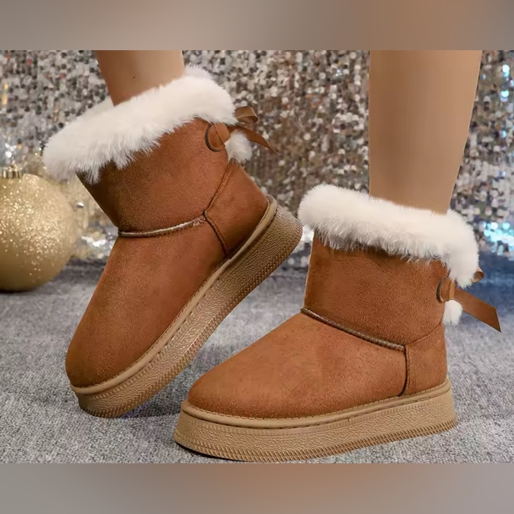 NEW $98 Tan Faux Fur-Lined Ankle Hailey Bow Boots